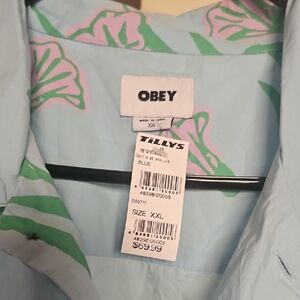 Obey Blue Shirt with Pink and Green Floral Accents